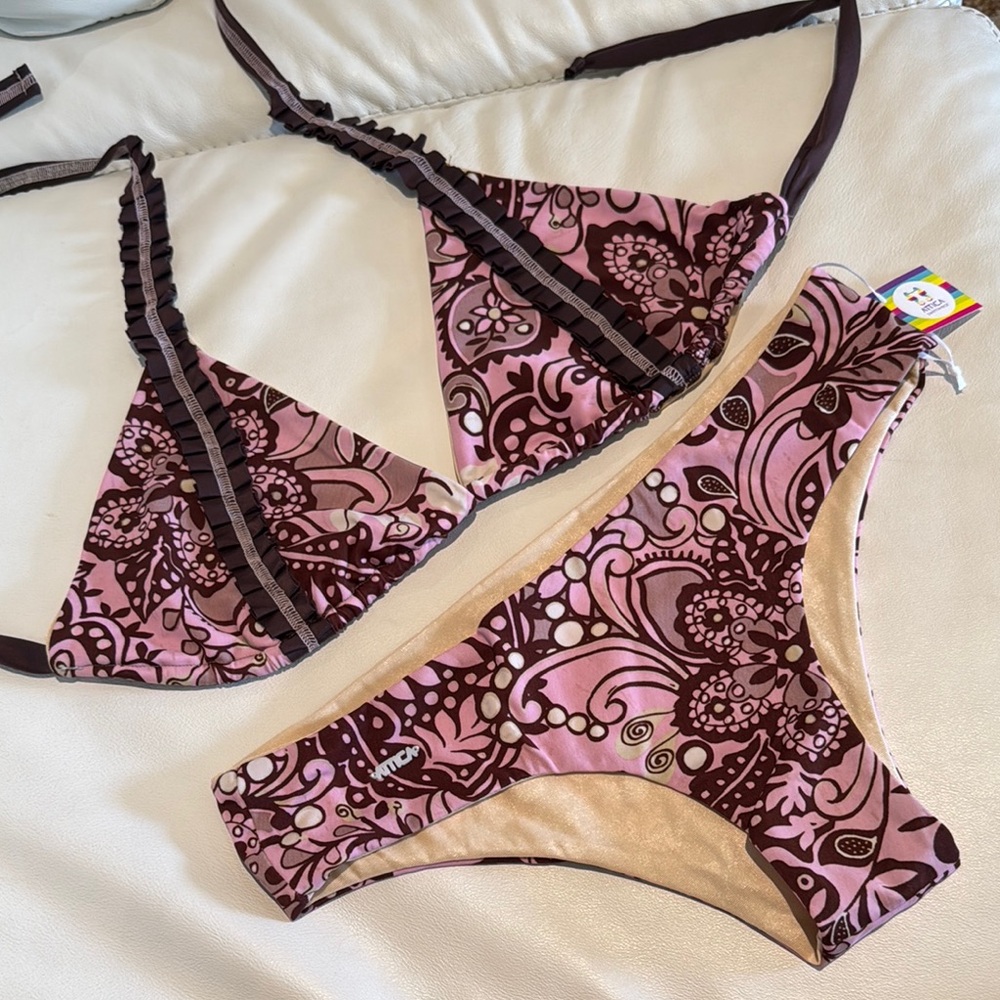 Women large Floral Pink Brown Bikini Set stitching ruffles pleats triangle top